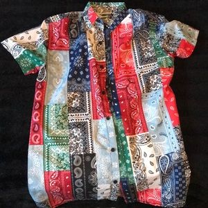 Small multicolored bandana collage button up.